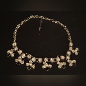 Daisy Silver Tone Floral Rhinestone Enamel Pearl Necklace Choker  Jewelry